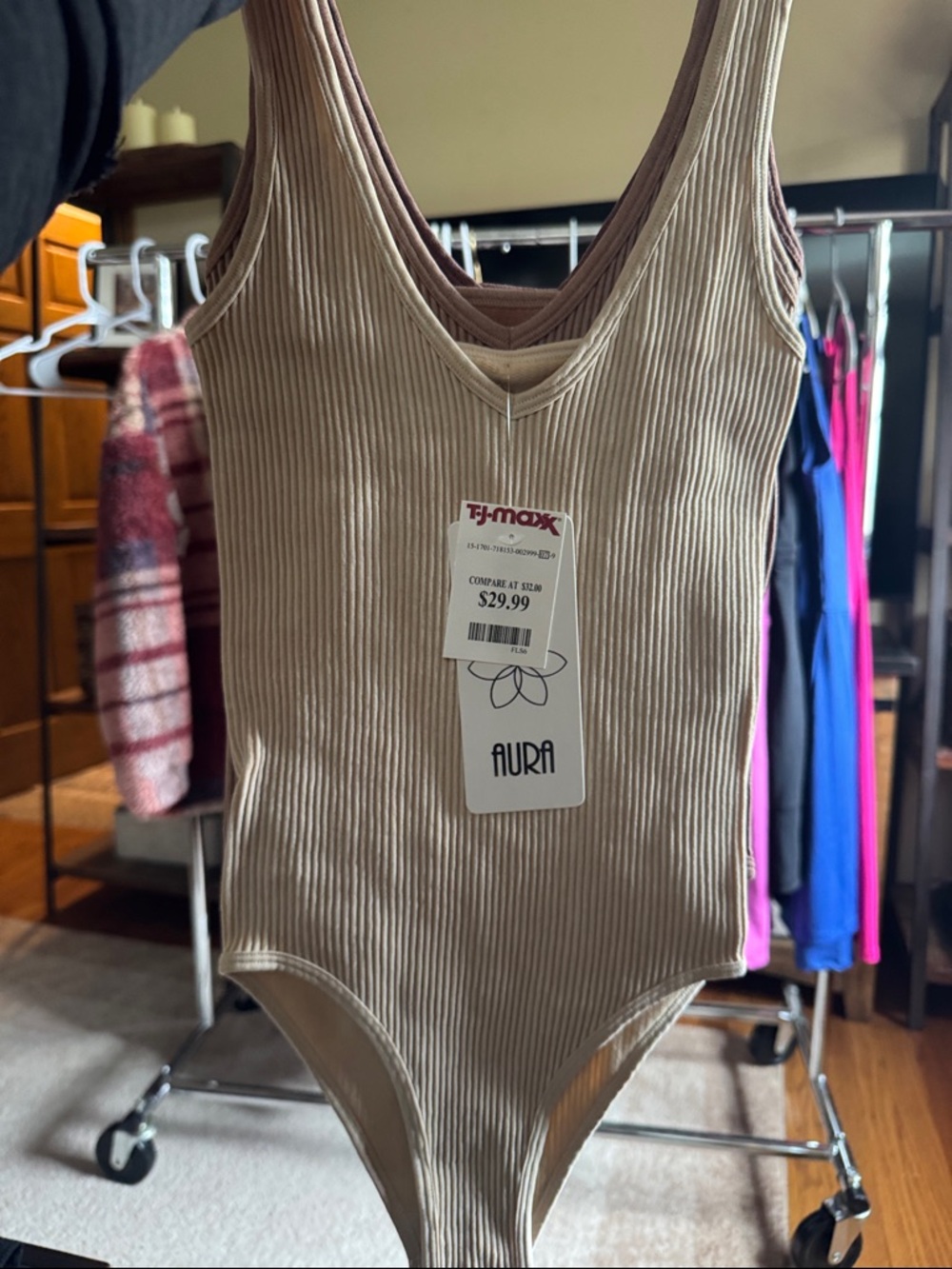 Aura Ribbed V-Neck One-Piece Bodysuit in Beige set of three.. see pics.